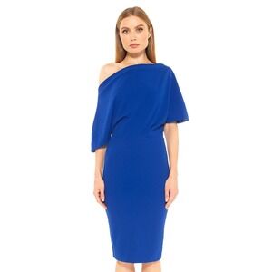 Alexia Admor Royal Blue Olivia One Shoulder Drape Midi Dress Elegant Cocktail
